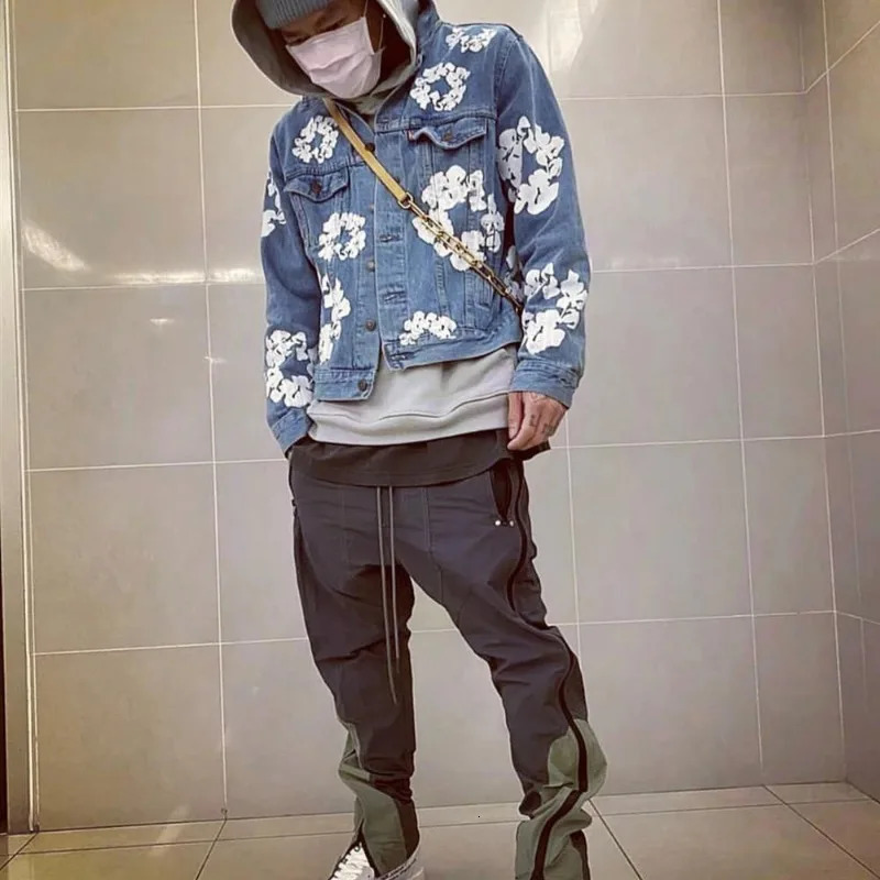 High Street Kapok Print Denim Jacket Men Hip Hop Y2k Jeans Coat Unisex Casual Loose Retro American Style Cowboy Outwear Women 240319