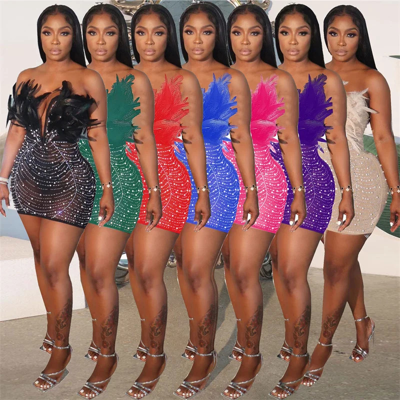Sexy Club Party Night Feathers Rhinestones Birthday Dresses for Woman Elegant Backless Diamond Sheer Mesh Bodycon Dress Vestidos 240315
