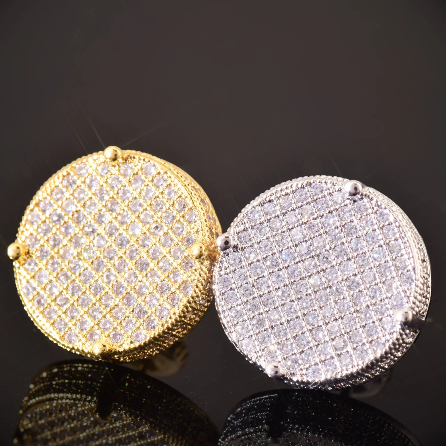 Hello hip-hop 14MM Big Round Stud Earring Screw Back Iced Out Cubic Zirconia Men Women Earrings Gold Color Hip Hop Jewelry Fashion Gift