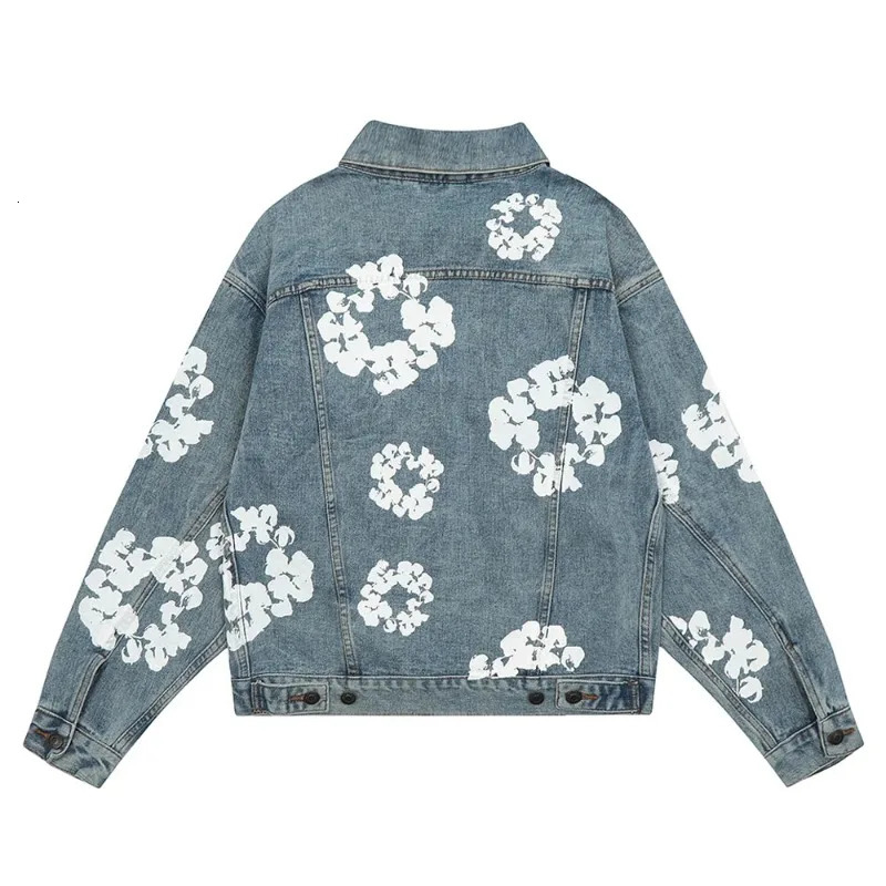 High Street Kapok Print Denim Jacket Men Hip Hop Y2k Jeans Coat Unisex Casual Loose Retro American Style Cowboy Outwear Women 240319