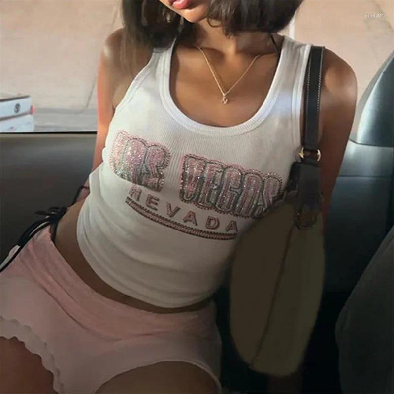 Women's Tanks Xingqing Y2k Rhinestone Tank Top Summer Women Fairycore Letter Print Sleeveless T Shirt Vest 2000s Clothing Casual Streetwear