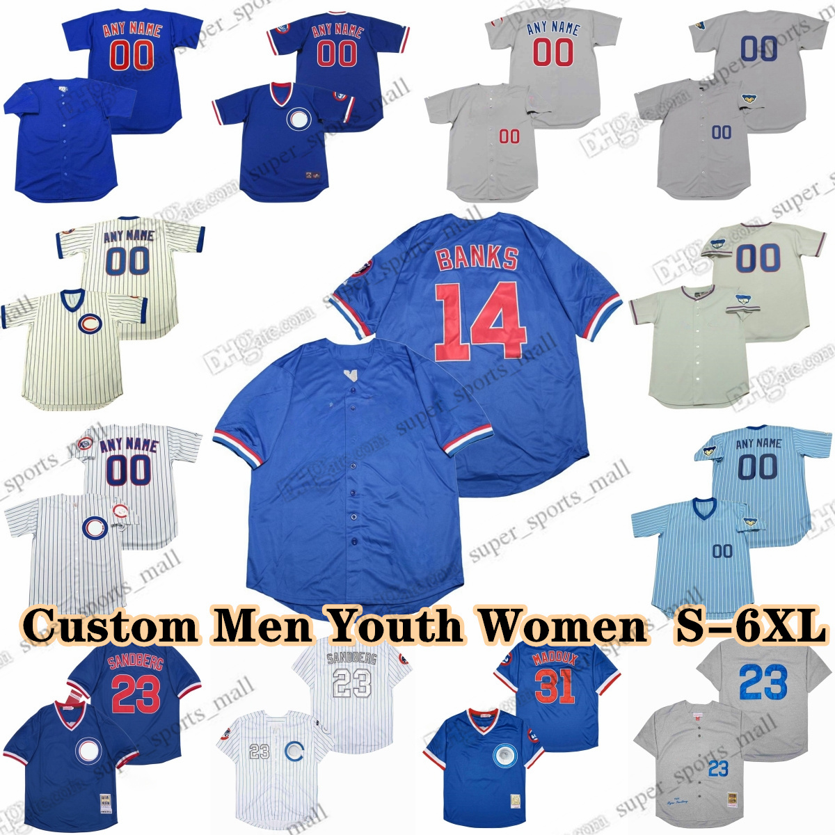 Custom S-6XL Throwback Baseball Jersey 23 Ryne Sandberg 12 Shawon Dunston 8 Andre Dawson 26 Billy Williams 34 Kerry Wood 11 Don Kessinger 31 Greg Maddux Anthony Rizzo