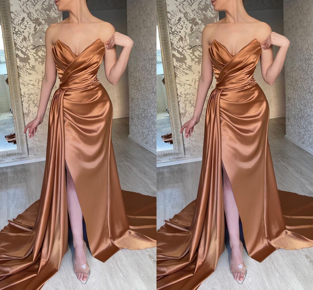 Plus Size Brown Mermaid Prom Dresses Long For Women Sweetheart High Side Split Draped Pleats Court Train Formal Wear Evening Birthday Pageant Gowns ma