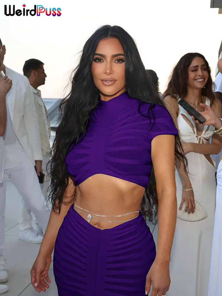 Weird Puss Knit Women Tracksuit 2 Piece Set Striped Stretch See Through Shorts Sleeve Crop TopsMaxi Skirts Matching Streetwear 240318