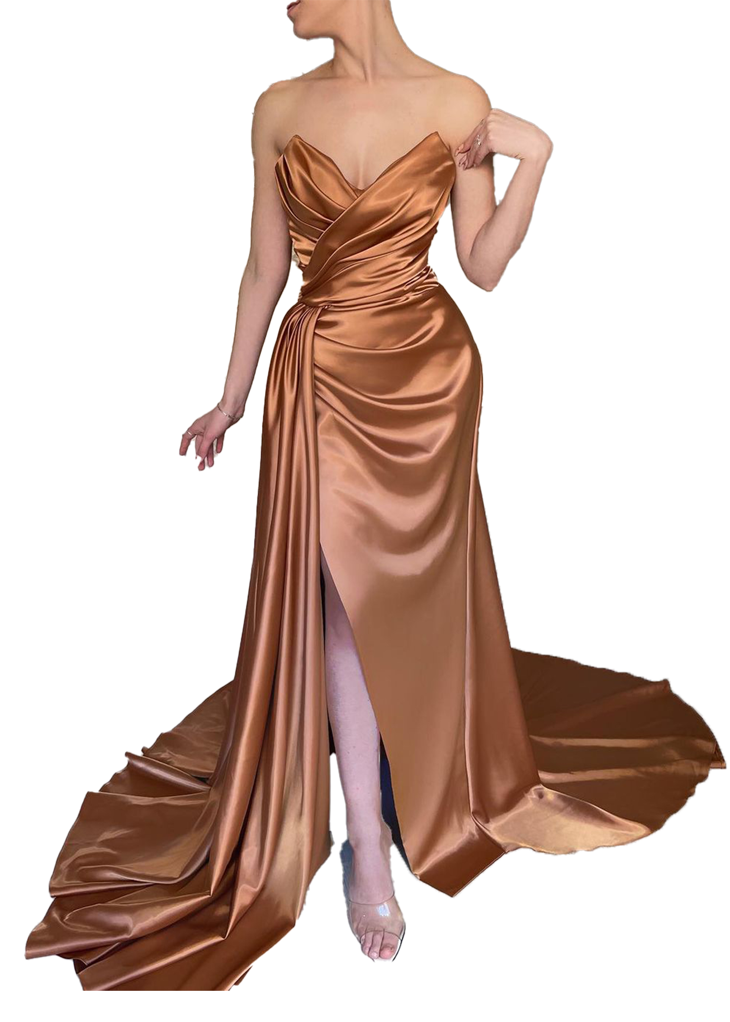 Plus Size Brown Mermaid Prom Dresses Long For Women Sweetheart High Side Split Draped Pleats Court Train Formal Wear Evening Birthday Pageant Gowns ma