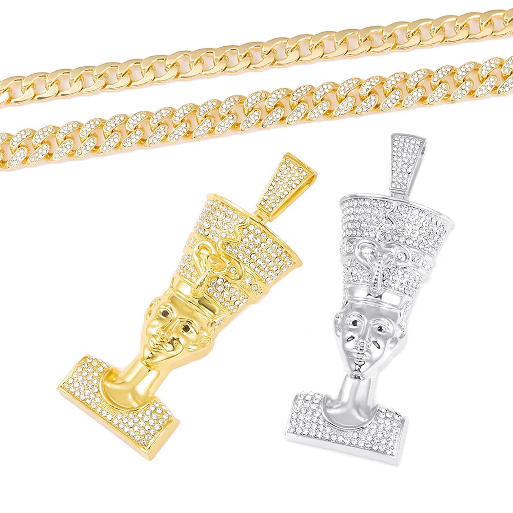 Egyptian Men Necklace Pendant Vintage Gold Color Chain Necklace with cuban chain Iced Out Crystal Gold Hip Hop PunkJewelry 240315