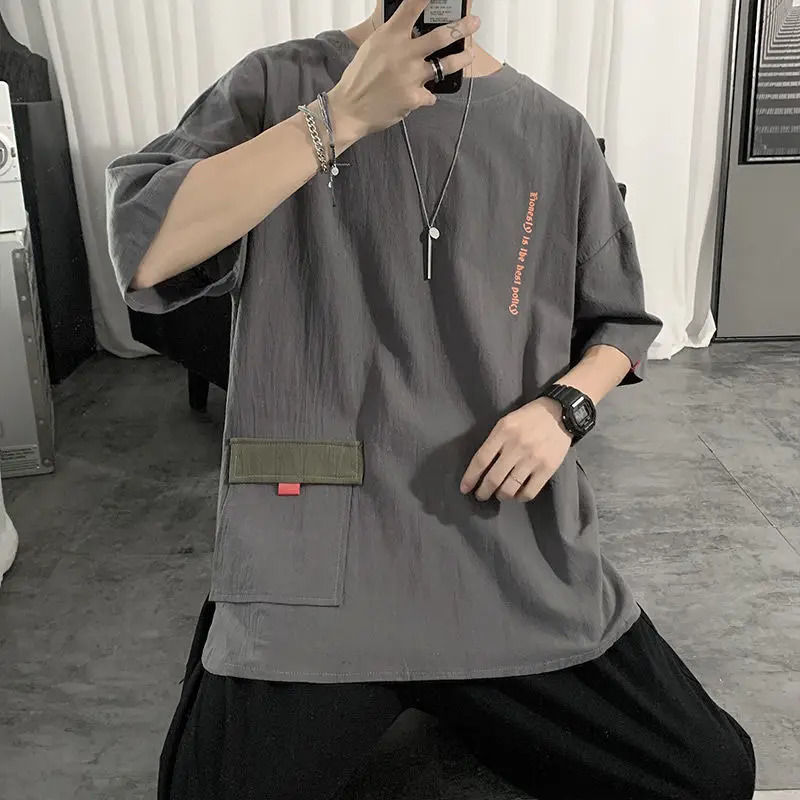 Summer Mens Fashion Letter Pockets Casual Streetwear Cotton T-shirts Y2K Youth O Neck Short Sleeve Loose Tops Ropa Hombre 240321