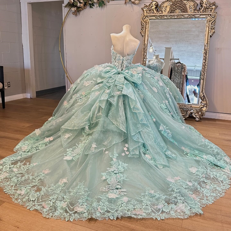 Light Green Princess Ball Gown Quinceanera Dress 3D Flowers Applique Lace Tull Sweet 16 Dress vestidos Birthday Party Gown