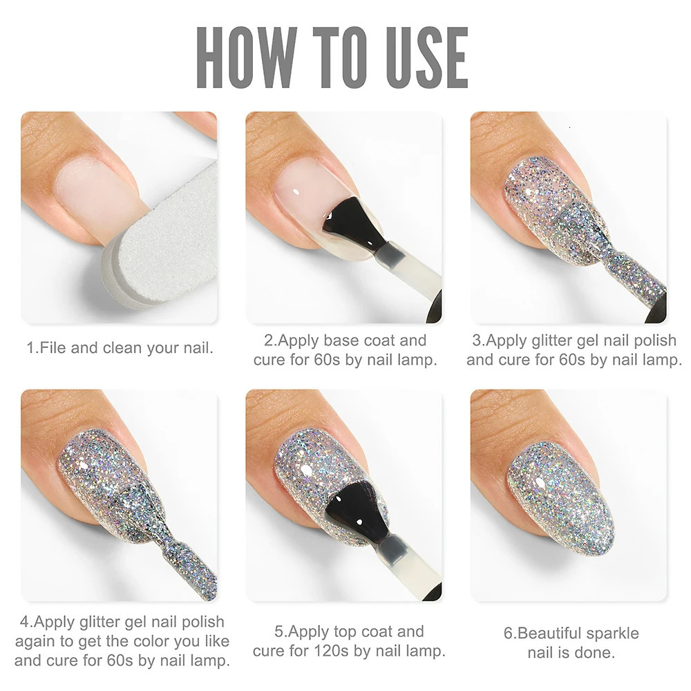YOKEFELLOW 10ML Glitter Gel Nail Polish Set 6Pcs Silver Gel Polish Kit Soak off Nail Polish Platinum Shining Sequin Manicure Gel 240321