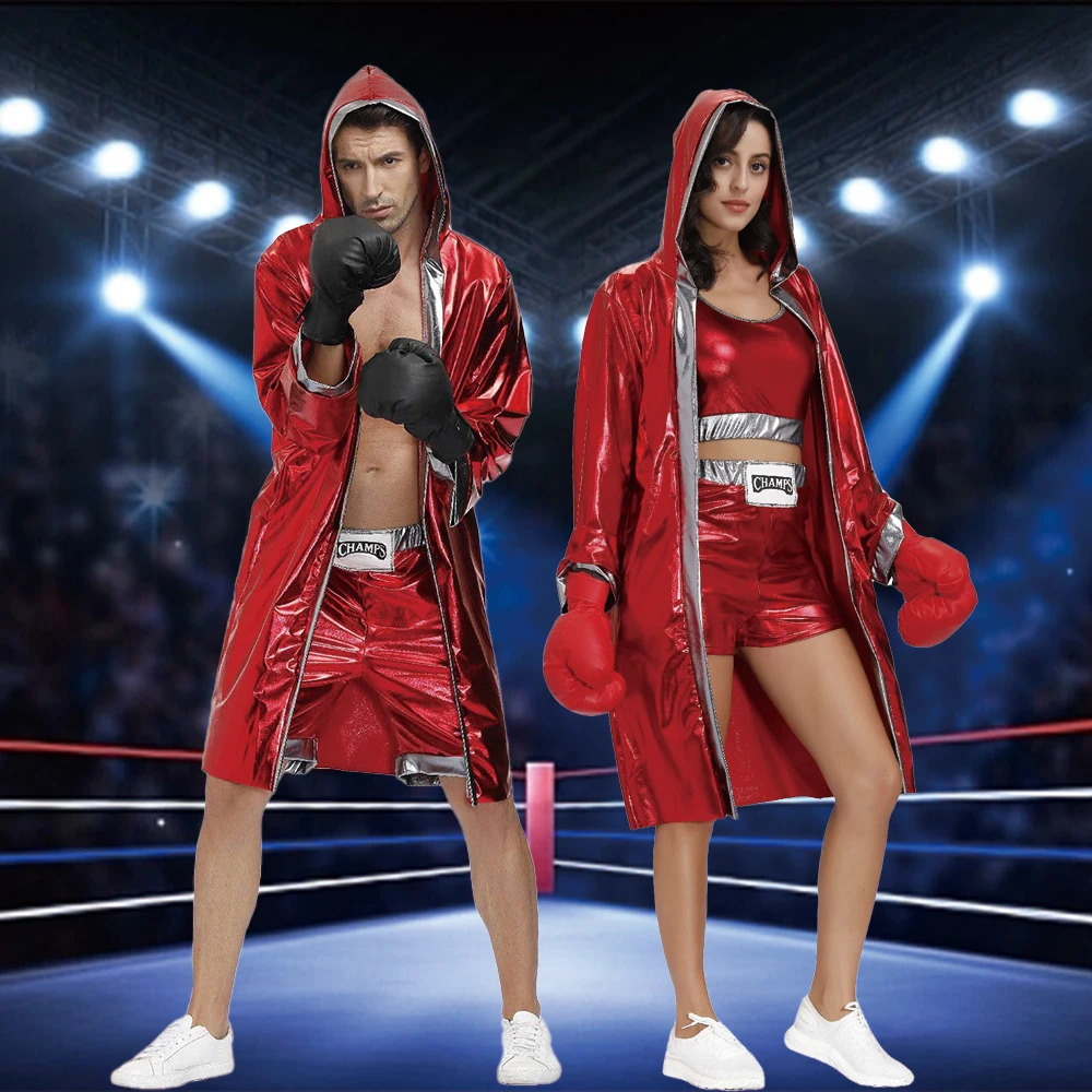 Man And Women Boxer Uniform Red Boxing Champion Cosplay Costume for Couple Sexy Hooded Cloak Robe Shorts Halloween Party Outfit 240319
