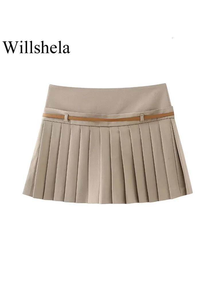 Willshela Women Fashion With Belt Solid Pleated Side Zipper Mini Skirts Shorts Vintage High Waist Female Chic Lady Shorts 240312