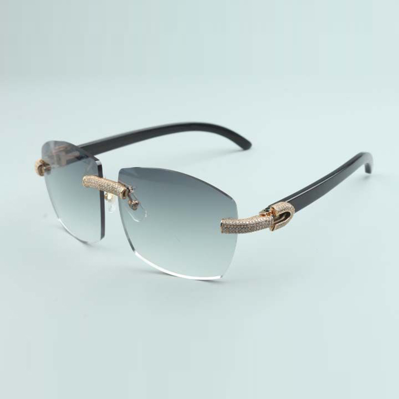 Large frameless luxury sunglasses micro-pave diamonds T4189706-5 black natural buffalo horn temple legs glasses, 58-18-140mm
