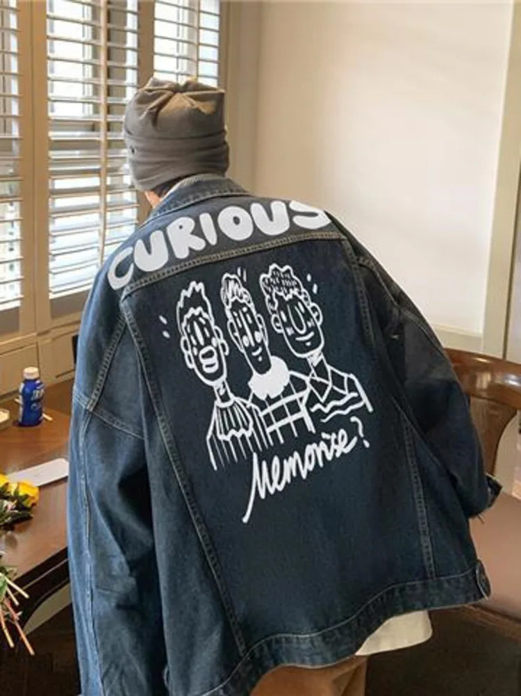 Men Vintage Cartoon Printed Denim Jacket Top Cute Spring Autumn Chic Male Unisex Loose Jeans Coat Casual Overcoat Outerwear 240319