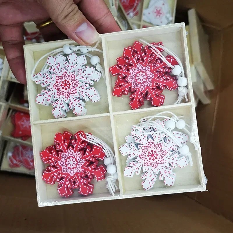 Christmas Tree Set - 2024 Wood Pendant Decorations, 12Pcs Elk Snowflake Stars Xmas Hanging Ornaments for Home Party Festival Holiday Decoration