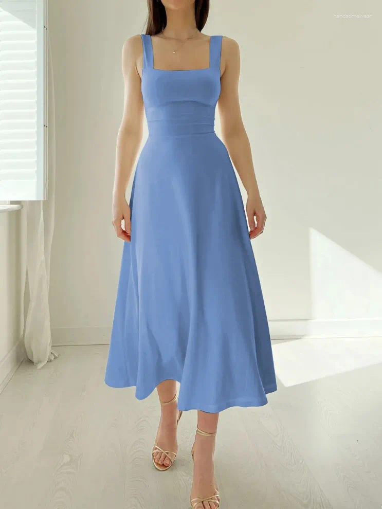 Casual Dresses Thick Straps Midi Dress Summer Formal Wedding Guest Sleeveless Free shipping