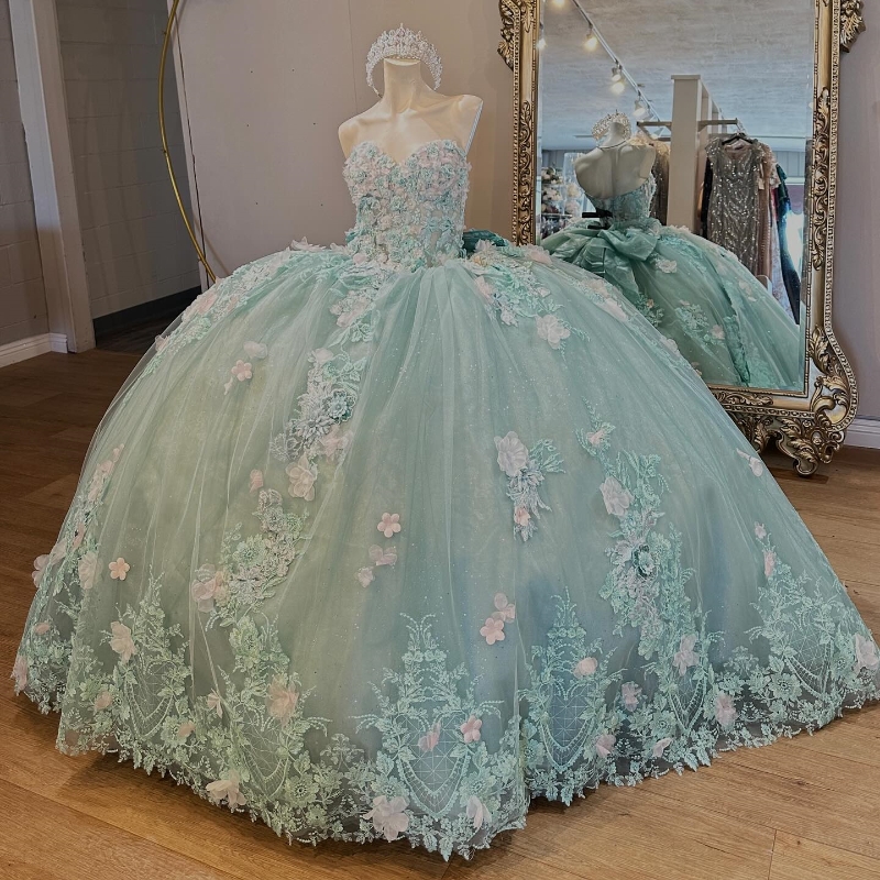 Light Green Princess Ball Gown Quinceanera Dress 3D Flowers Applique Lace Tull Sweet 16 Dress vestidos Birthday Party Gown