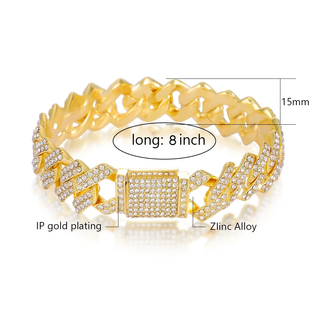 Hip Hop High-Quality Full Rhinestone Stone Bracelet Iced Out Pave Mens Bracelet Miami Cuban Link Chain Bracelets Men Jewelry 240315