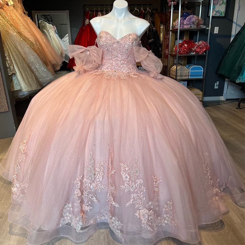 Pink Sweetheart Shiny Ball Gown Quinceanera Dress Appliques Lace Beads Tull Sweet 16 Corset Vestidos De 15 Anos