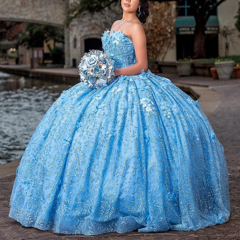 Sky Blue Shiny Quinceanera Dress Off The Shoulder Beading Appliques Sparkling Ball Gown Birthday Formal Party Gown Robes De Soiree