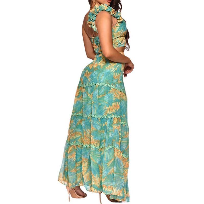 Summer Women Sexy Slim Two Piece Set Off Shoulder Split Floral Print Crop Tops And Long Skirt Suit Lady Elegant 2 Piece Sets 240325