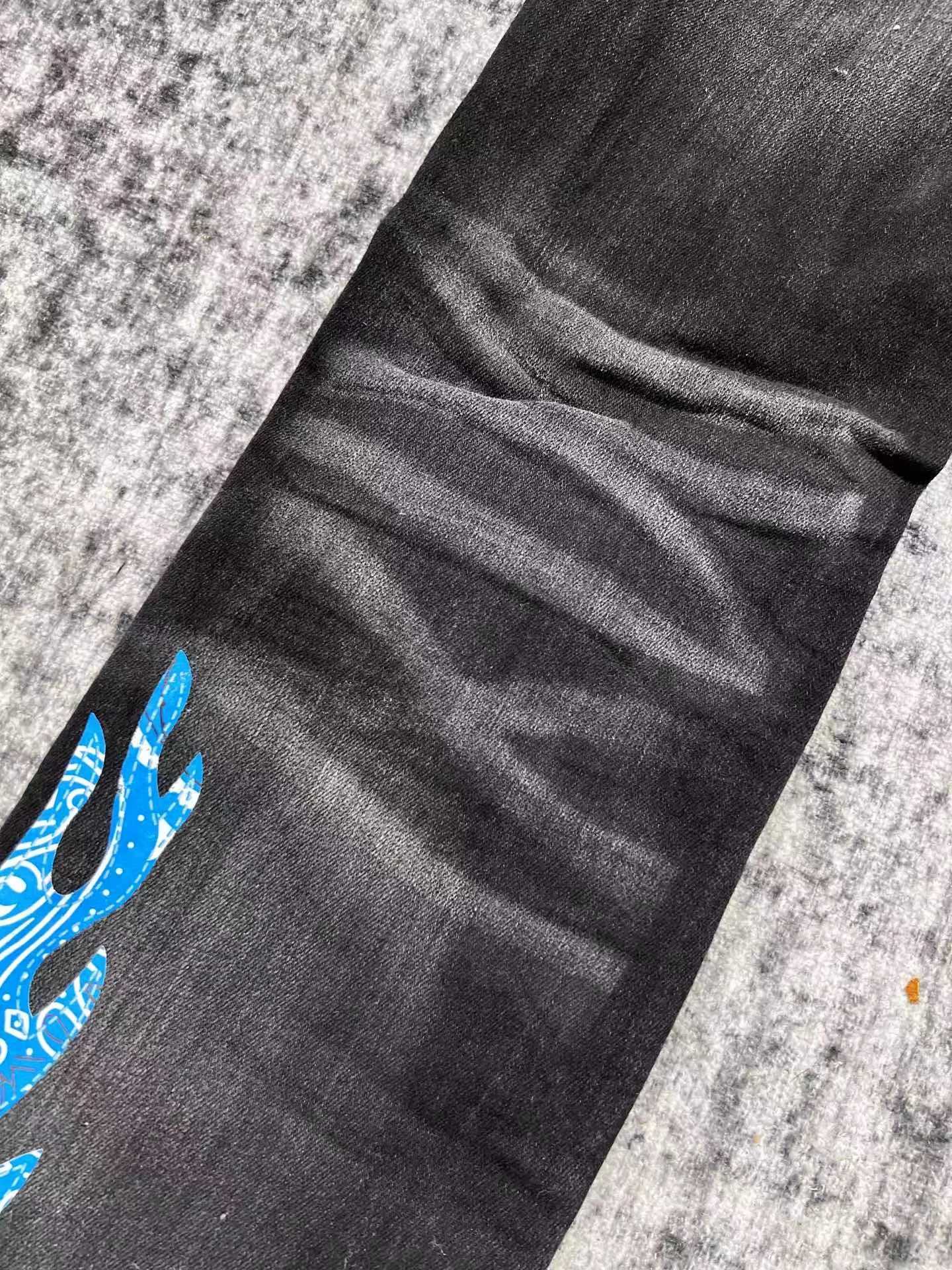 Men's Jeans High Street Brand Wash Old Damaged Hole Blue Flame Printed Cashmere Patch Black Jeans for Men J240328