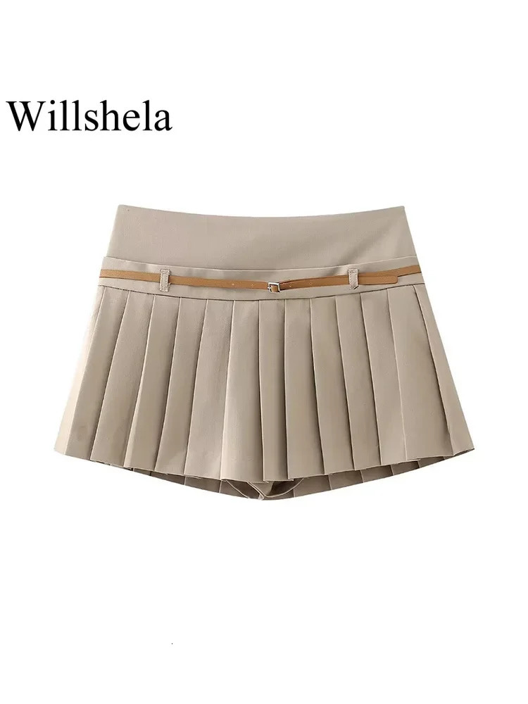 Willshela Women Fashion With Belt Solid Pleated Side Zipper Mini Skirts Shorts Vintage High Waist Female Chic Lady Shorts 240312