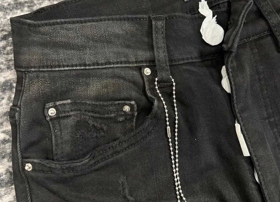 Men's Jeans High Street Brand Wash Old Damaged Hole Blue Flame Printed Cashmere Patch Black Jeans for Men J240328
