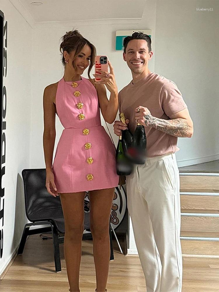 Casual Dresses Sexy Women Solid Pink Halter Hallow Out Backless Mini Dress Elegant Lady Sleeveless Slim Gold Button Party Vestidos