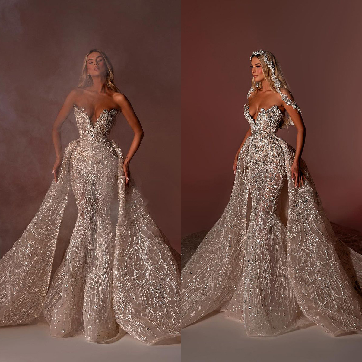 Gorgeous Crystal Mermaid Wedding Dresses Detachable Train Illusion Beaded Sequins Bridal Gowns Slim Strapless Custom Made Vestidos De Novia