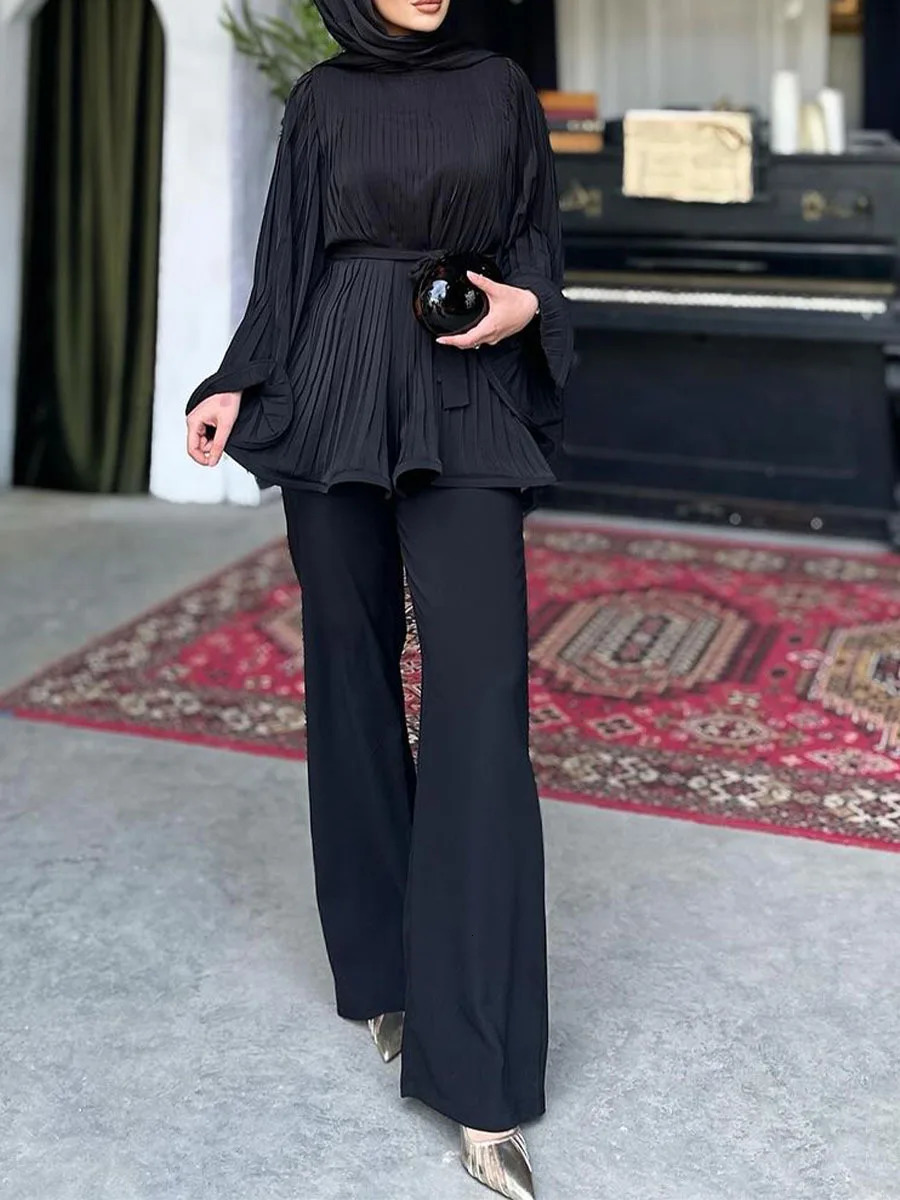 Spring Legant Pleated Twopiece Set Women Casual Loose Lace Up Top Wide Leg Pants Two Piece 240314