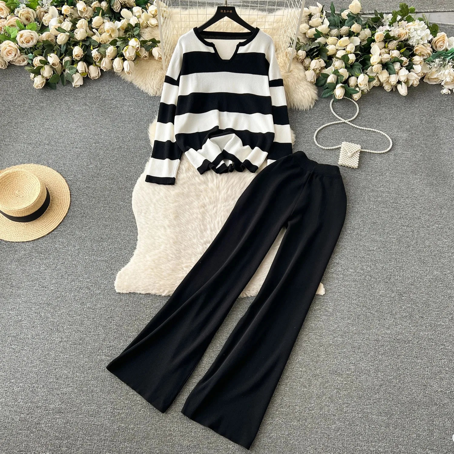 Elegant Oneck Side Slit Pullover Long Sleeve Sweaterwide Leg Pants 2 Piece Sets Autumn Solid Color Casual Sweatshirts 240314