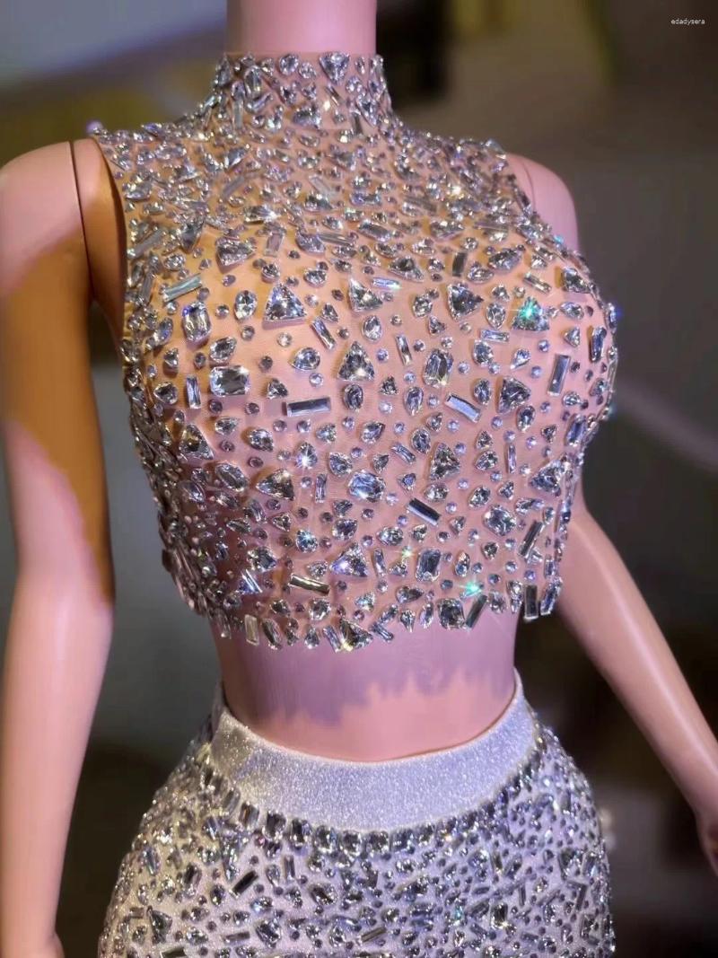 Work Dresses Flashing Rhinestone Sexy Halter Backless Two-Pieces Set Birthday Evening Party Celebrate Stage Costume Nightclub Ball Gown