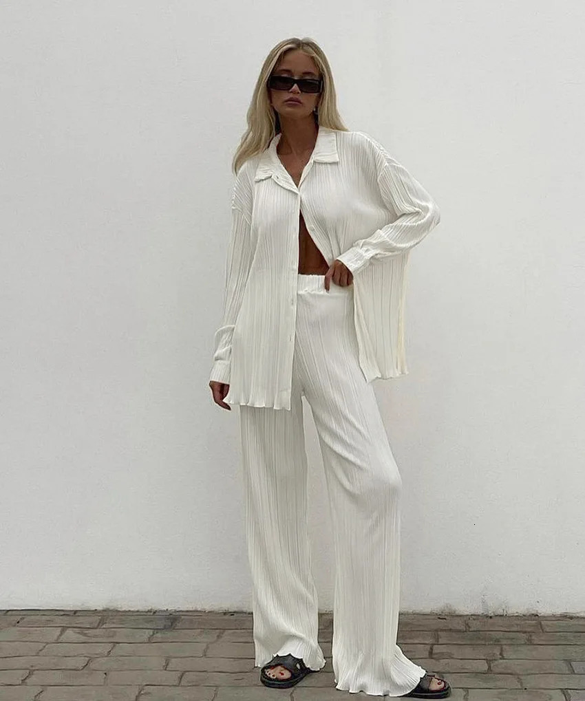 CMYAYA Pleated Womens Set Long Sleeve Shirt Tops and Straight Wide Leg Pants Elegant Tracksuit Two 2 Piece Fitness Outfits 240314
