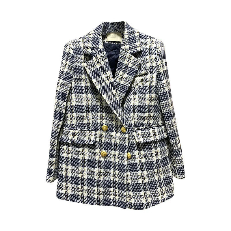 Korean Fashion Plaid Tweed Blazers Women Fall Vintage Double Breasted Quilted Cotton Suit Jacket Elegant Lady Chic Coat 240325