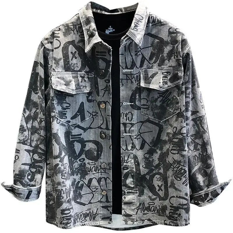 Mens Denim Jacket Long Shirt Wide Shoulders Fashion Male Jean Coats Sleeves Korean Clothes Lxury Print Vintage Cowboy 240319