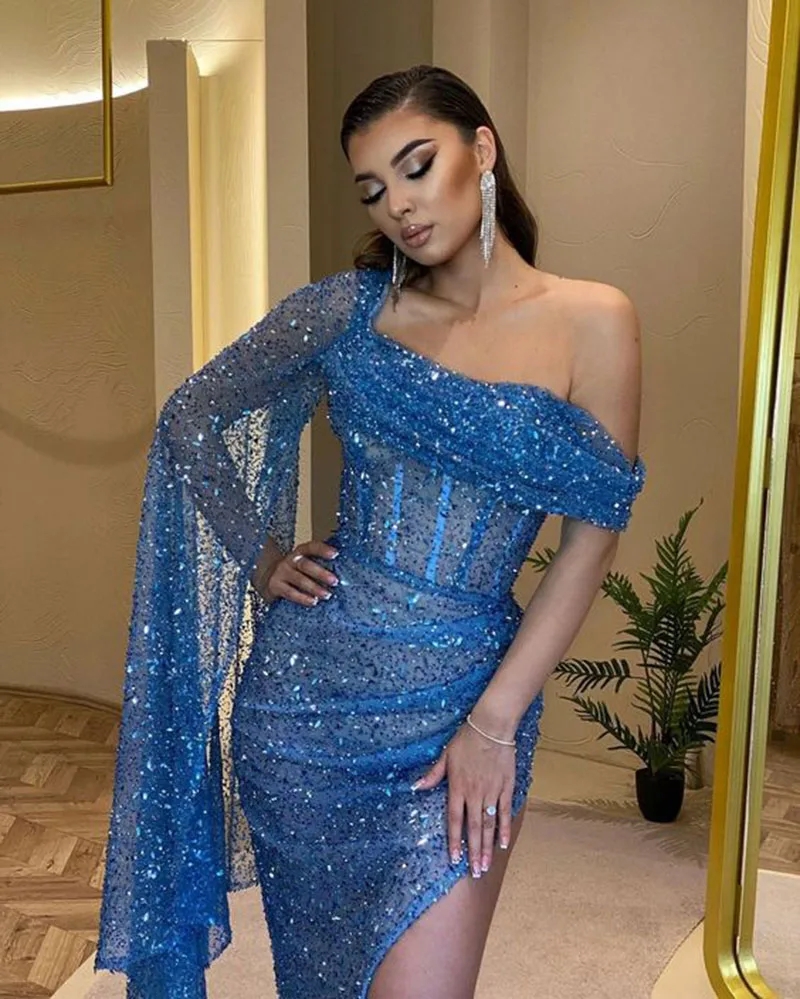 Blue Elegant Evening Pagent Dress One Shoulder Side Split Sequined Corset Prom Formal Party Gowns Robe De Soiree