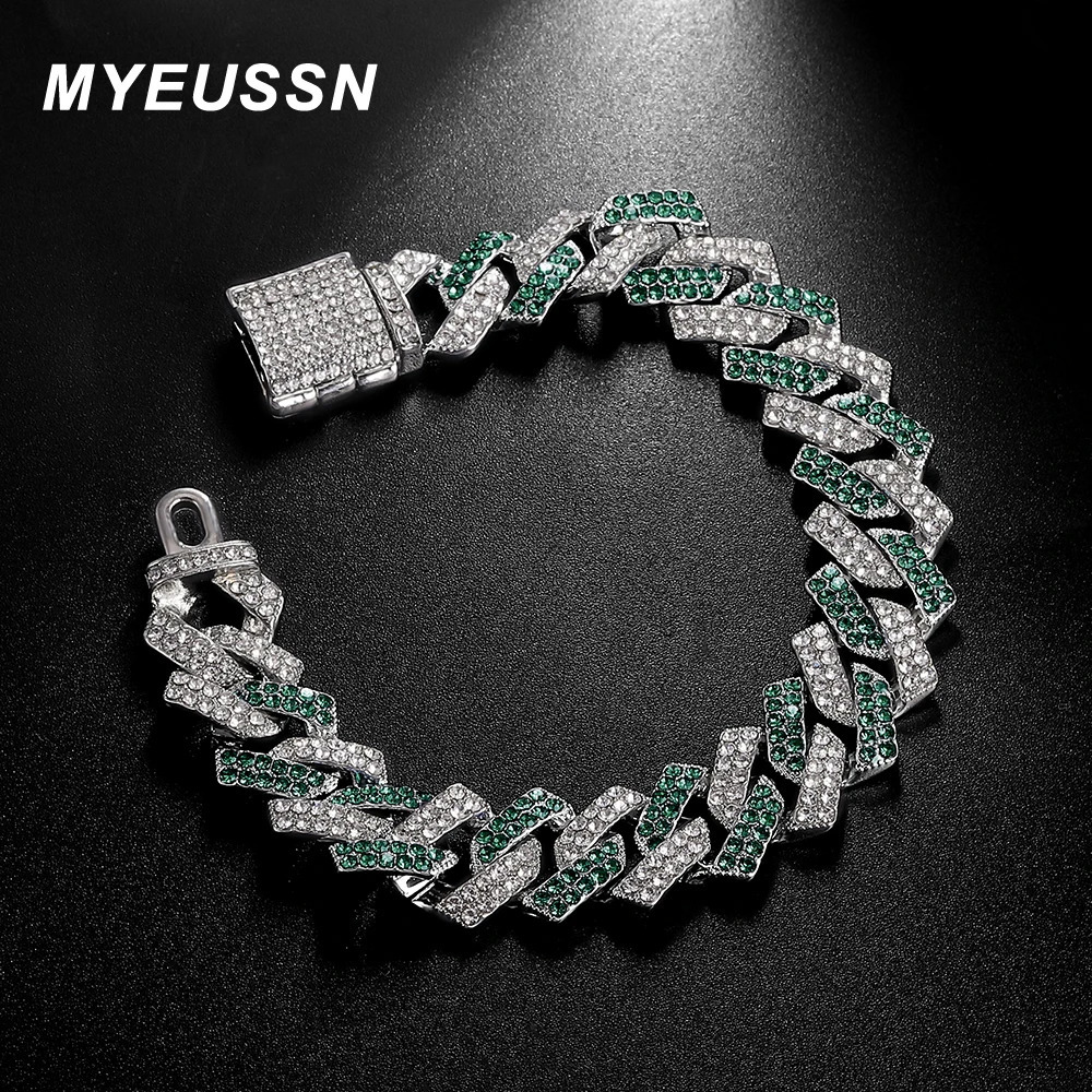 Hip Hop High-Quality Full Rhinestone Stone Bracelet Iced Out Pave Mens Bracelet Miami Cuban Link Chain Bracelets Men Jewelry 240315