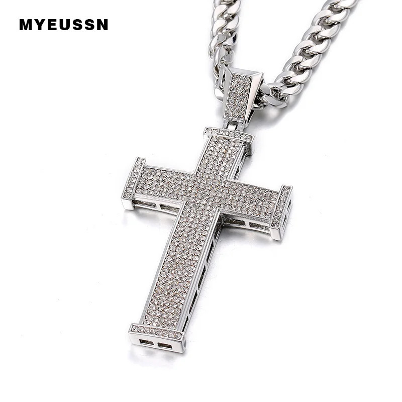 Iced Out Shining Crystal Cross Pendant Gold color Men Fashion Cross Necklace Chain Men Hip Hop Rapper Cubas Necklace 240315