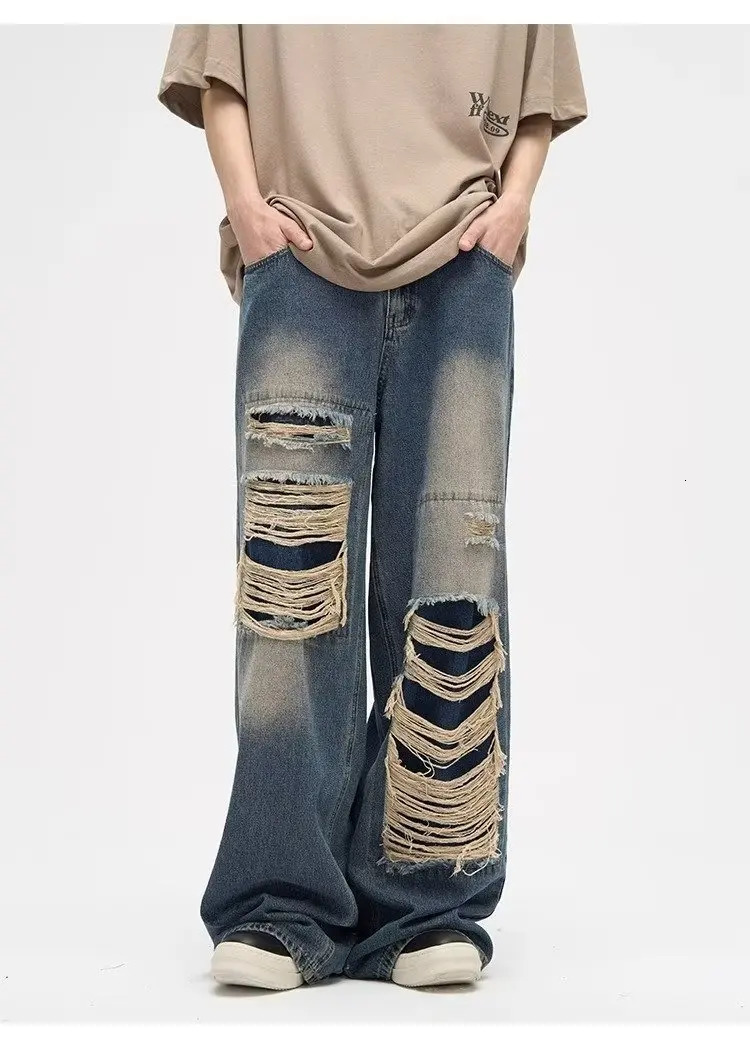 Y2K Man Jeans Korean retro hole repair jeans mens American style high street loose straight wide leg mopping trousers 240318