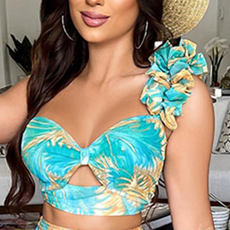 Summer Women Sexy Slim Two Piece Set Off Shoulder Split Floral Print Crop Tops And Long Skirt Suit Lady Elegant 2 Piece Sets 240325