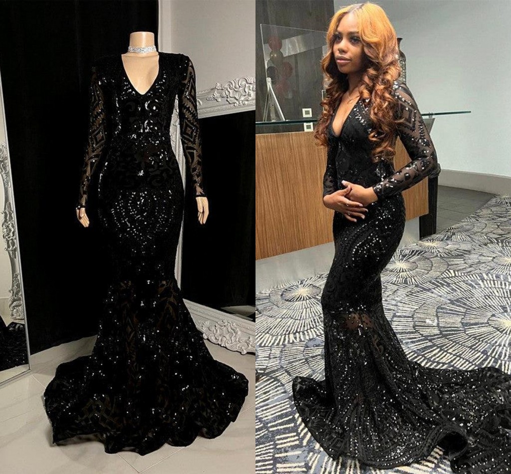 Vintage Black Long Sleeve Lace Sequined Prom Dresses For African Girls 2024 Celebrity Evening Gowns Sexy V Neck Illusion Vestidos de bal BC18481