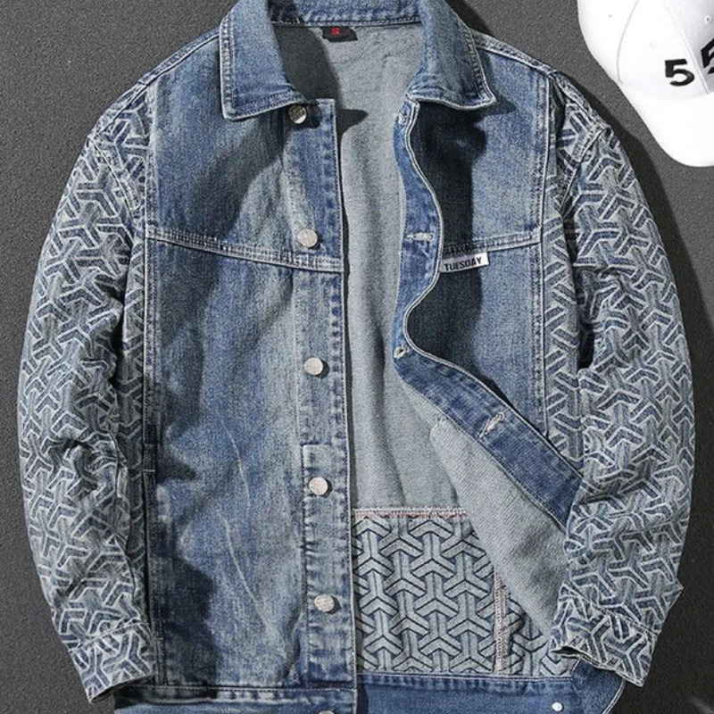 Mens Jeans Jacket Splicing Geometric Patterns Denim Jackets Autumn Fashion Japanese Loose Square Collar Casual Jacket 240319