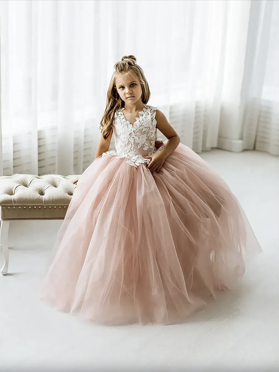 Lace Flower Girl Bows Children's First Communion Princess Tulle Ball Gown Wedding Party Dress