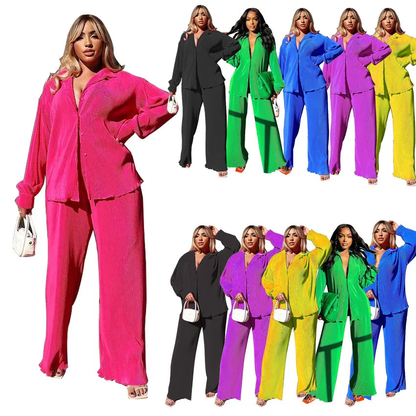 CMYAYA Pleated Womens Set Long Sleeve Shirt Tops and Straight Wide Leg Pants Elegant Tracksuit Two 2 Piece Fitness Outfits 240314