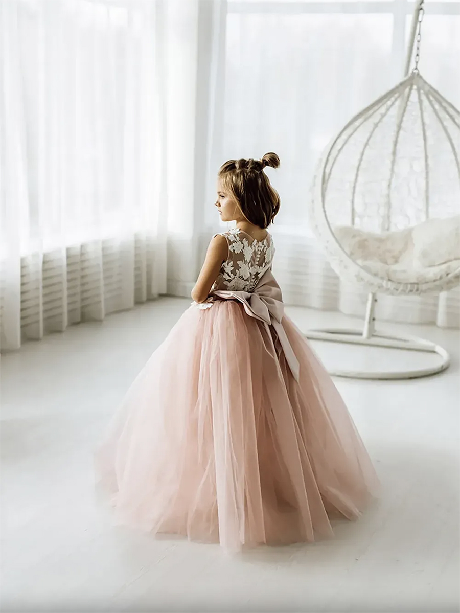 Lace Flower Girl Bows Children's First Communion Princess Tulle Ball Gown Wedding Party Dress