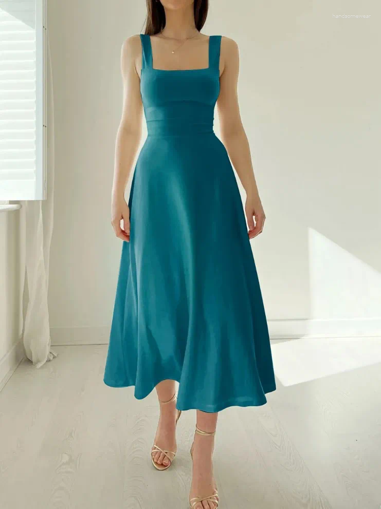 Casual Dresses Thick Straps Midi Dress Summer Formal Wedding Guest Sleeveless Free shipping