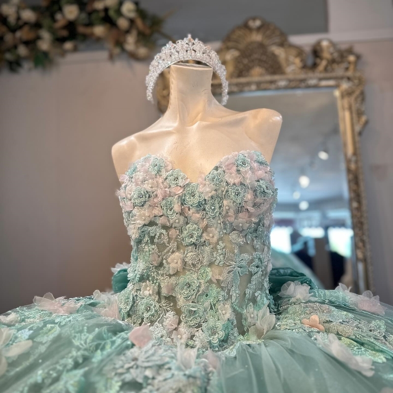 Light Green Princess Ball Gown Quinceanera Dress 3D Flowers Applique Lace Tull Sweet 16 Dress vestidos Birthday Party Gown