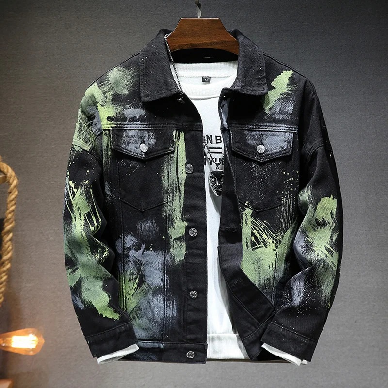 Spring Autumn Fashion Printed Denim Jacket Mens Casual Jeans Streetwear Hip Hop Turn Down Collar Denim Coat Slim Fit Top Clothes 240319