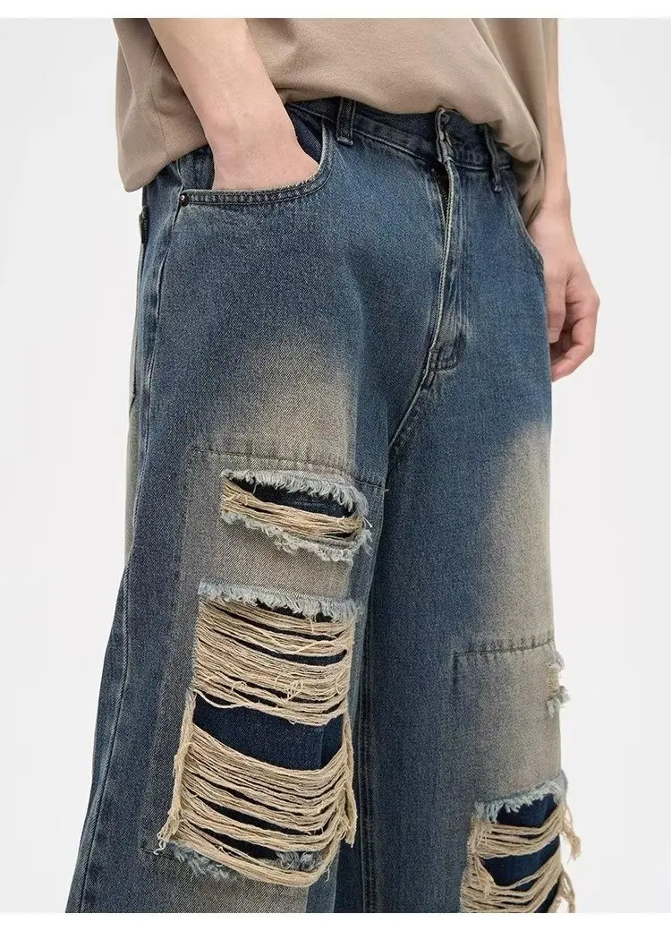 Y2K Man Jeans Korean retro hole repair jeans mens American style high street loose straight wide leg mopping trousers 240318
