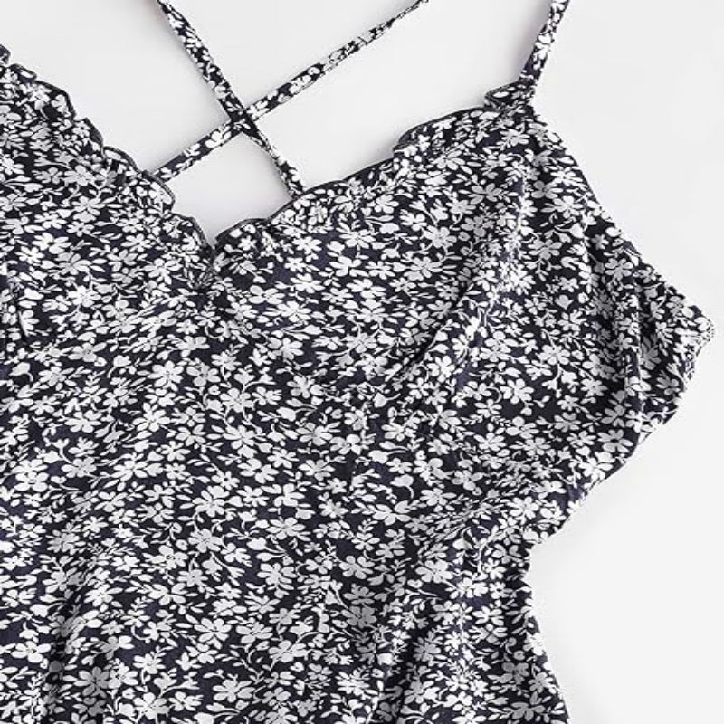 ZAFUL Women's Ditsy Floral Cami Mini Dress V-Neck Cross Back Ruched Frilled A-Line Dress Swing Skater Beach Dress